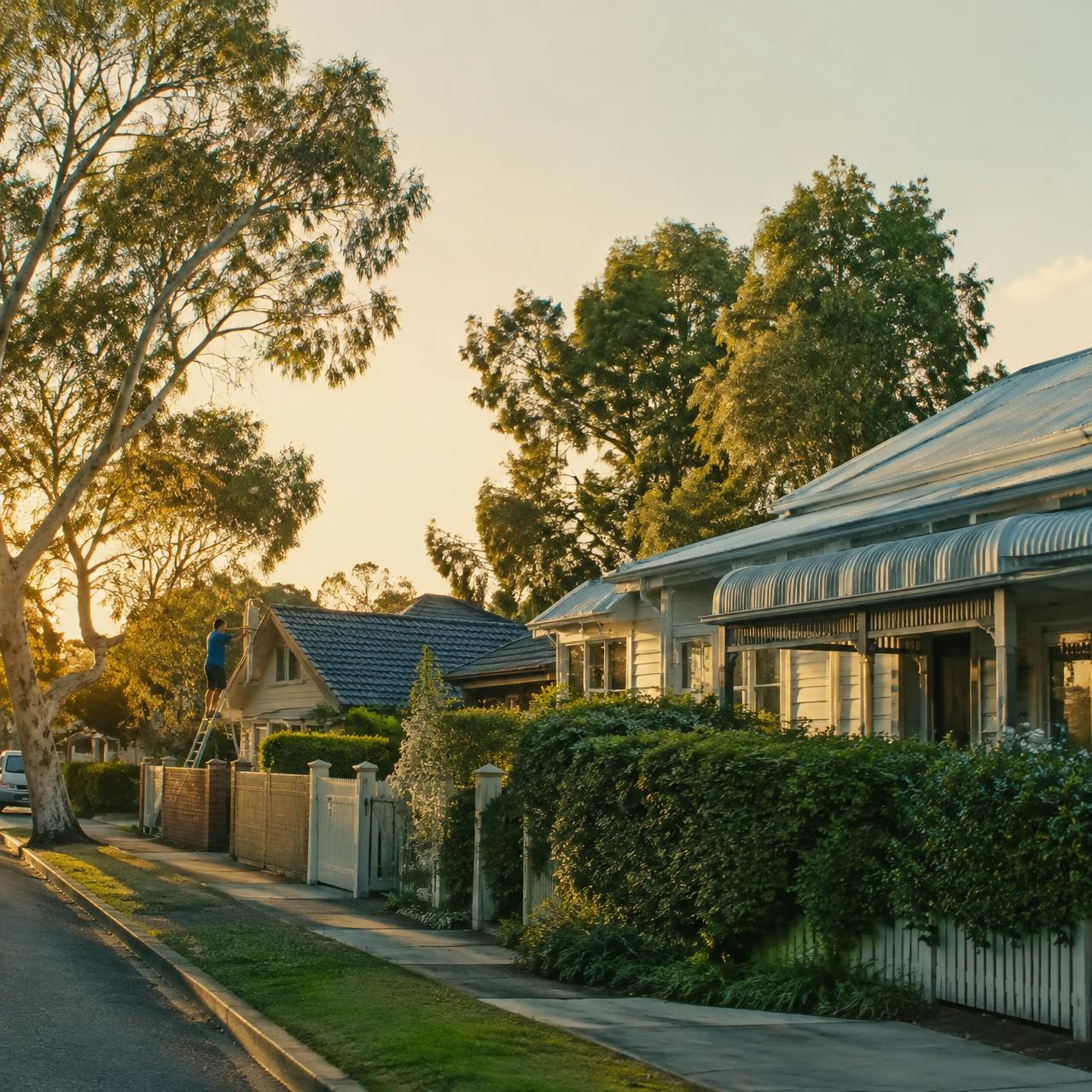 Australian suburban street with a window cleaner at work